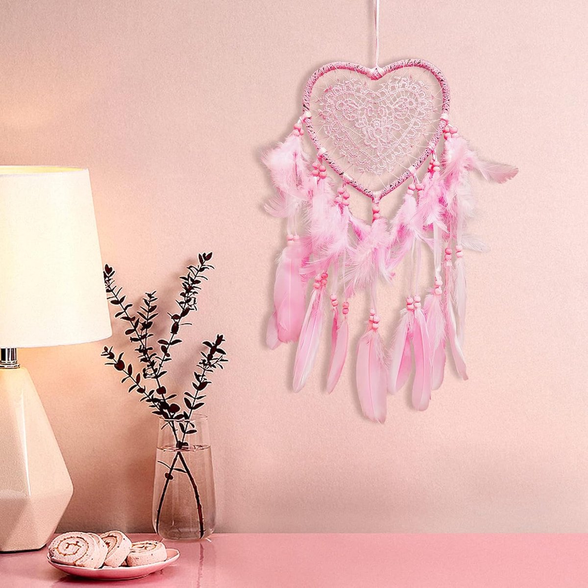dromenvanger voor vrouwen, wandhangende veren, dromenvanger, handgemaakte sprookjesachtige dromenvanger ornament voor slaapkamer bruiloft decoratie (roze)
