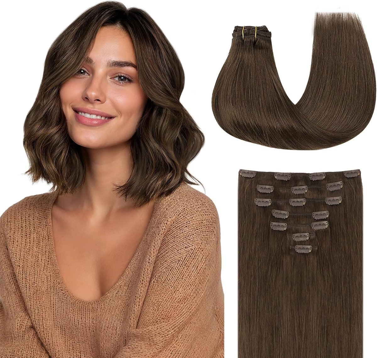 GOO Clip-in extensies, echt haar, echt haar, extensies clip, 25 cm, 55 g, 7 stuks, haarverlenging van echt haar, 4A chocoladebruin