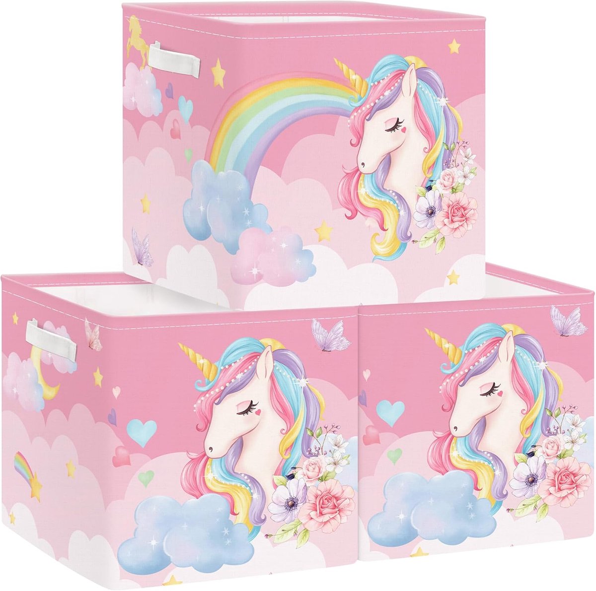 Set van 3 Opbergdozen Eenhoorn Opbergkubussen voor Kast Regenboog Kleding Mand Speelgoedkist en Boeken voor Slaapkamer, Cloud, 30x30x30 cm