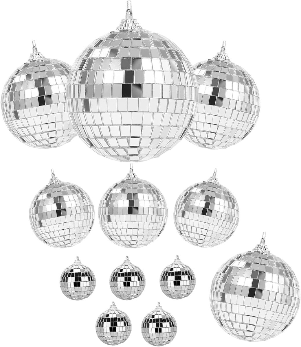 12 stuks discoballen, decoratie met ophangring, 4 maten, 2,3 cm, 4 cm, 6 cm, 8 cm, zilver, mini discobal om op te hangen, hangbal, discospiegel, bal, voor kerstboom, bar, themafeest