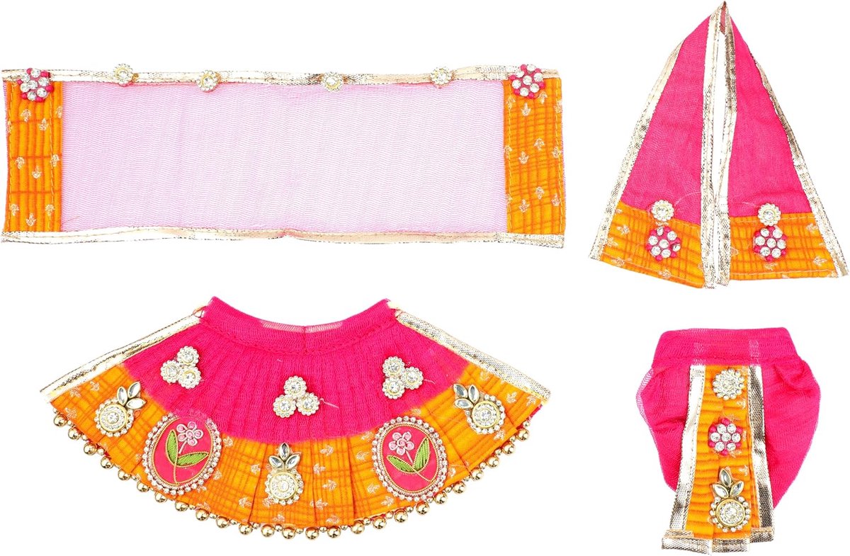Ganesh Jurk Mata Poshak Puja Doek Lehanga Chunari - Oranje, Roze (7,6 cm) | Laxmi Ganesh Jurk Dhoti Samgari Radha Krishna Durga Devi Idolbeeld Indiaas Traditioneel Festival Laxmi Poojan Navratri Decor