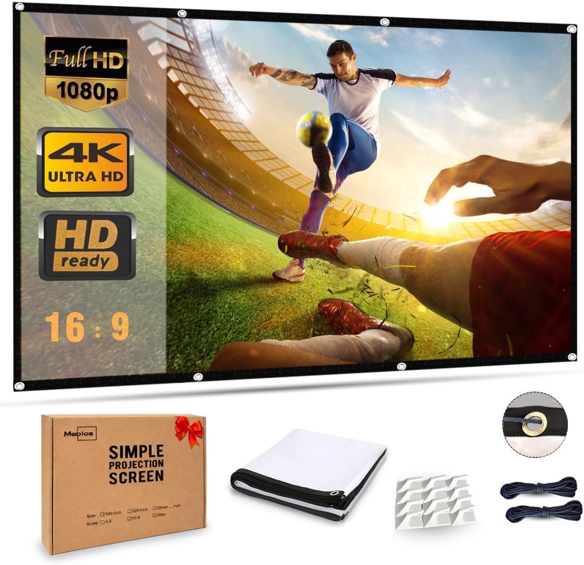 SnelShoppen - 100 Inch Draagbaar Projectiescherm met 16:9 HD 4K Beeld voor School, Thuisbioscoop, Cinema, Kantoor, Vouwbaar - 227cm(W) x 130cm(H) Matt