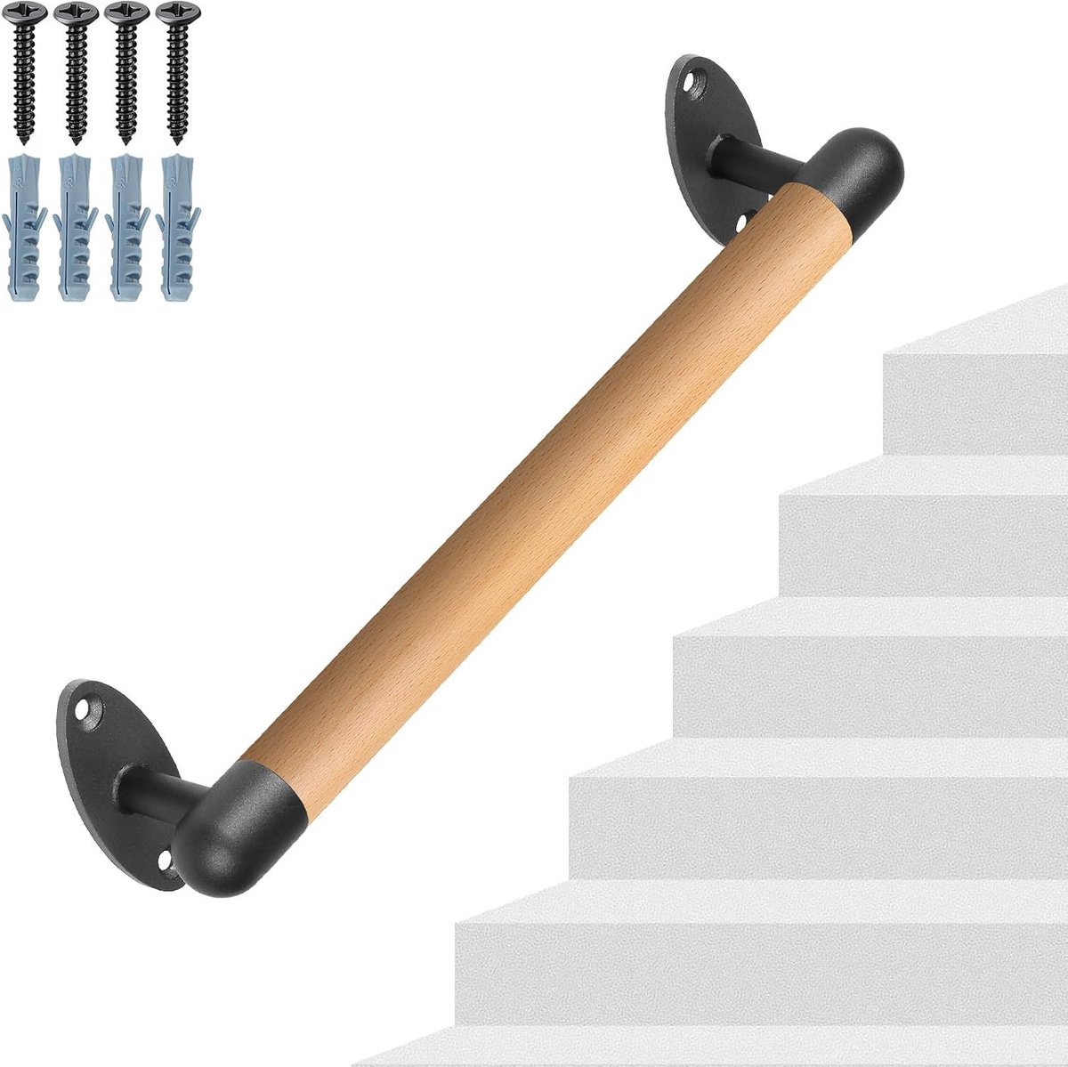 Leuning van beukenhout, voor trap, 41 cm, binnentrapleuning, wandleuning, antislip handgreep, veiligheidsgreep met beslag voor oudere kinderen, gehandicapten