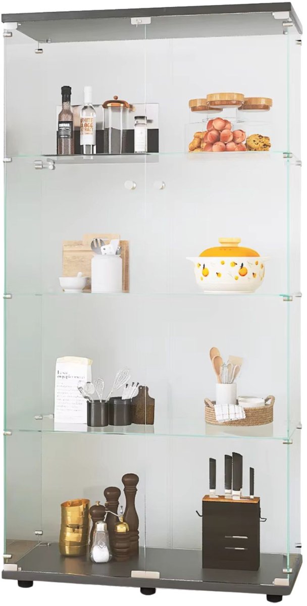 Happiq Glazen Vitrinekast 164x42,5cm Zwart – Afsluitbare Displaykast met 2 Deuren en 4 Planken Wit