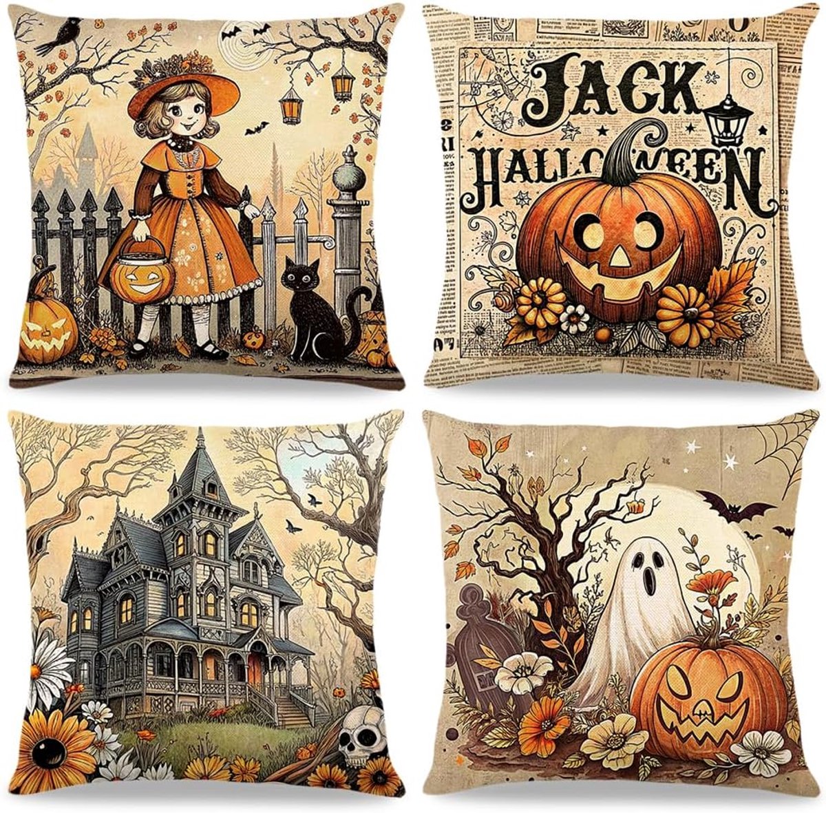 4 Piece Halloween Cushion Cover 40x40cm, Halloween Linen Cushion Covers, Sofa Cushion Cover Pumpkin Ghost Black Cat - ShopVlot