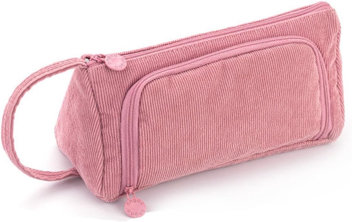 SnelShoppen - Corduroy Etui - Grote Capaciteit Pennenhouder - Handige Opbergzak met Rits - Voor School, Thuis en Kantoor - Roze, Esthetisch