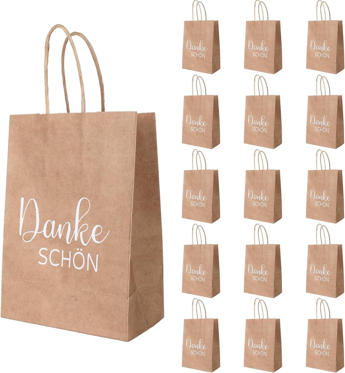15 stuks papieren zakken met handvat, "Schön Dass Du Da Bist", kraftpapier, cadeauzakjes, 15 x 8 x 21 cm, bedankje - ShopVlot
