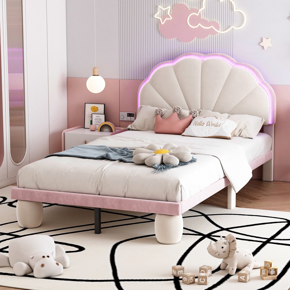 DESMIU Gestoffeerd Kinderbed 90x200cm – Sfeervol Bed met Meerkleurige Lichtstroken – Gekleurd Hoofdbord met Golfrand – Voor Jeugdkamer – Fluweel – Beige En Roze – Zonder Matras
