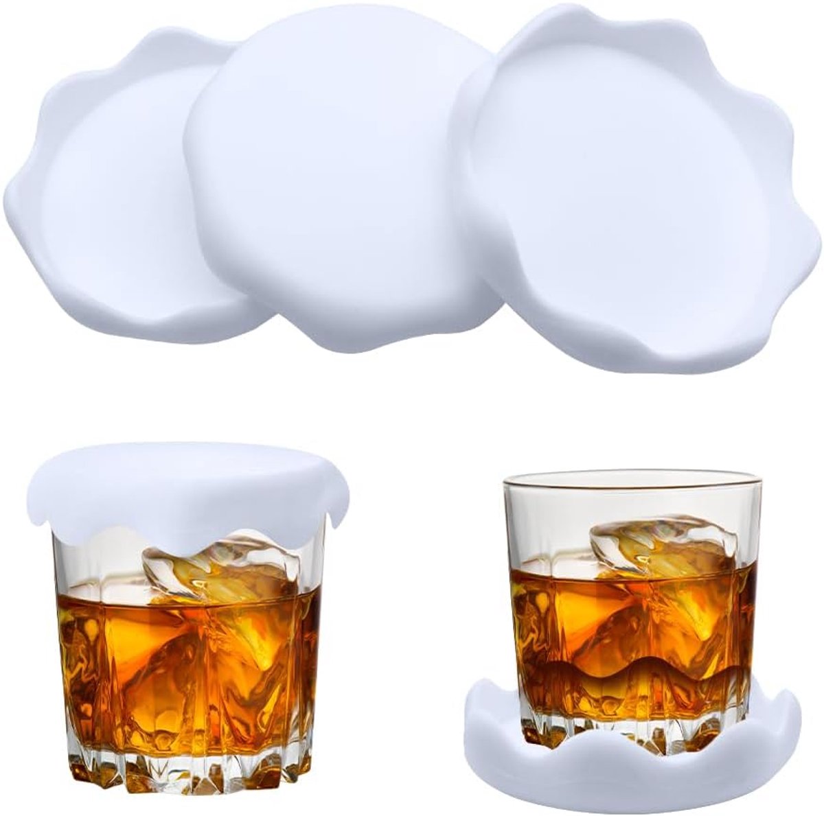 SnelShoppen - Siliconen Lids - Set van 4 Universele Siliconen Bekercaps Sneeuwontwerp Wit voor Mokken, Glazen en Blikken (9 cm Binnen Diameter)