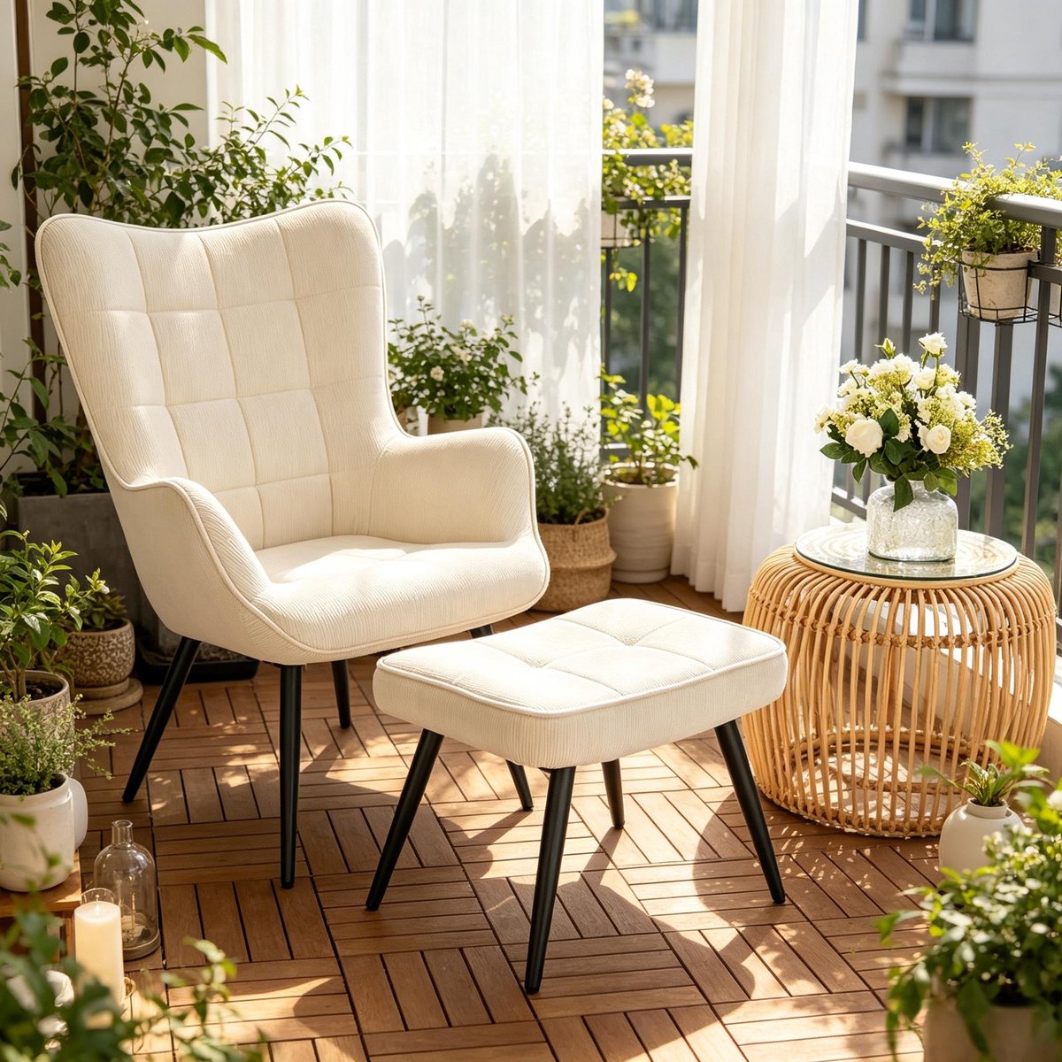 DESMIU Fauteuil Met Hocker - Hoge Rugleuning En Armleuningen - Comfortabele Loungezetel Voor Woonkamer En Slaapkamer - Corduroy - Crème Wit Cream White