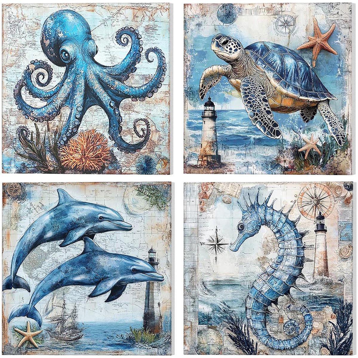 SnelShoppen - Set van 4 Dieren Schilderen op Nummer voor Volwassenen, Doe-Het-Zelf Verf op Nummer Kits met Frame, Zeedieren op Canvas, Perfect voor Be