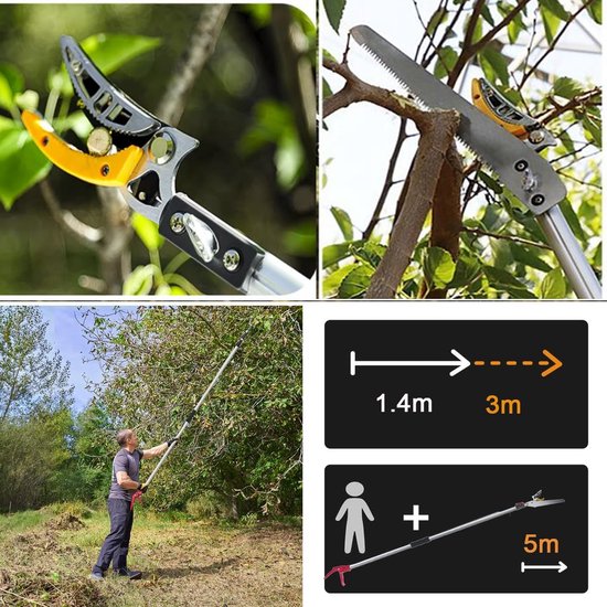 Telescopische Snoeischaar - Staal/Aluminium - 1,4-3 Meter Bereik - Bypass Mesje - Voor Bomen en Struiken — afbeelding 2