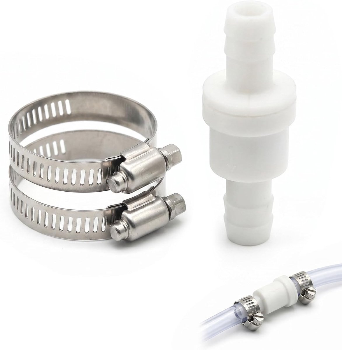 Terugslagventiel 10 mm met slangklemmen van roestvrij staal voor wasmachine en vaatwasser, ideaal voor afvalwater en condensaatbeheer
