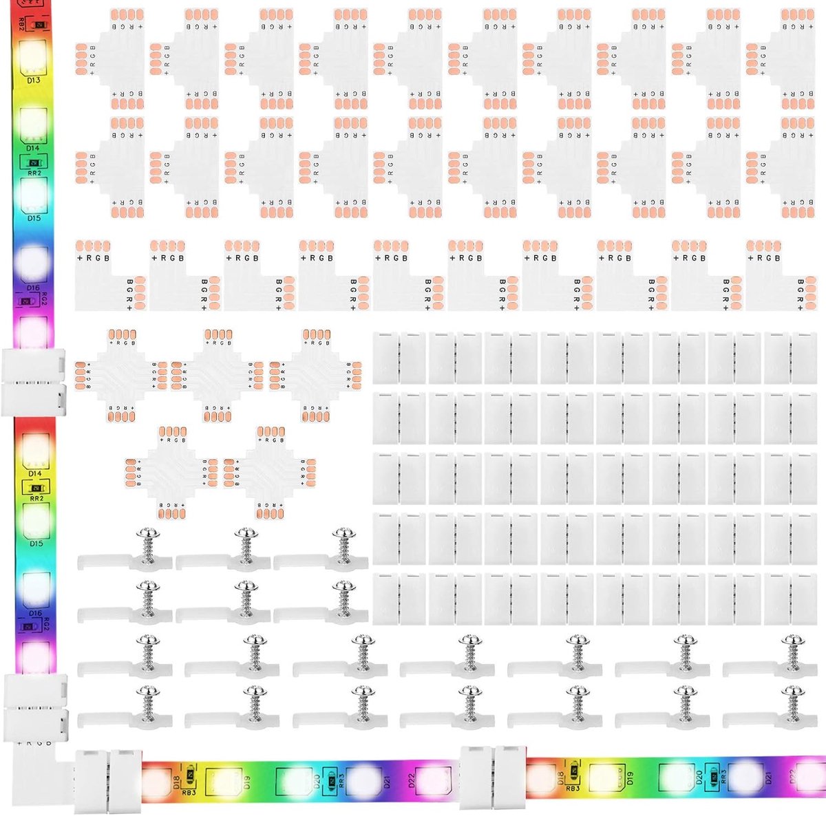 Set of 95 4-pin LED light strip connectors, including screw clips, 4-pole LED connectors, can be cut to size, T, L and - ShopVlot