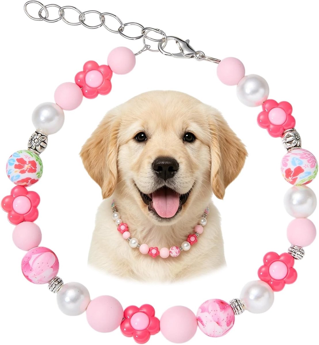 Verstelbare Kralen Kraag voor Kleine en Medium Honden en Katten met Roze Bloem en Parel Sieraden Accessoires 365mm