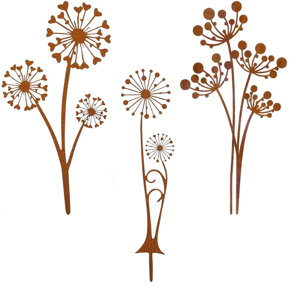 Omgoods - Set van 3 Decoratieve Roestige Tuinstaken - Dandelion Tuin Decoratie