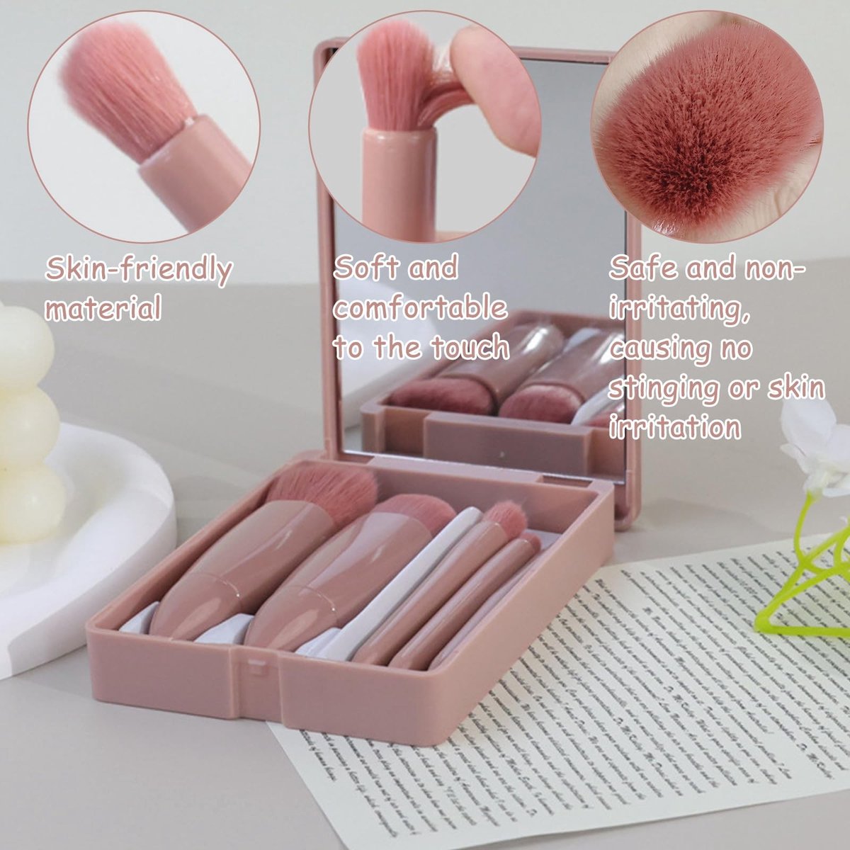 Omgoods - 5-delige Mini Make-upborstelset met Opbergkoffer en Spiegel