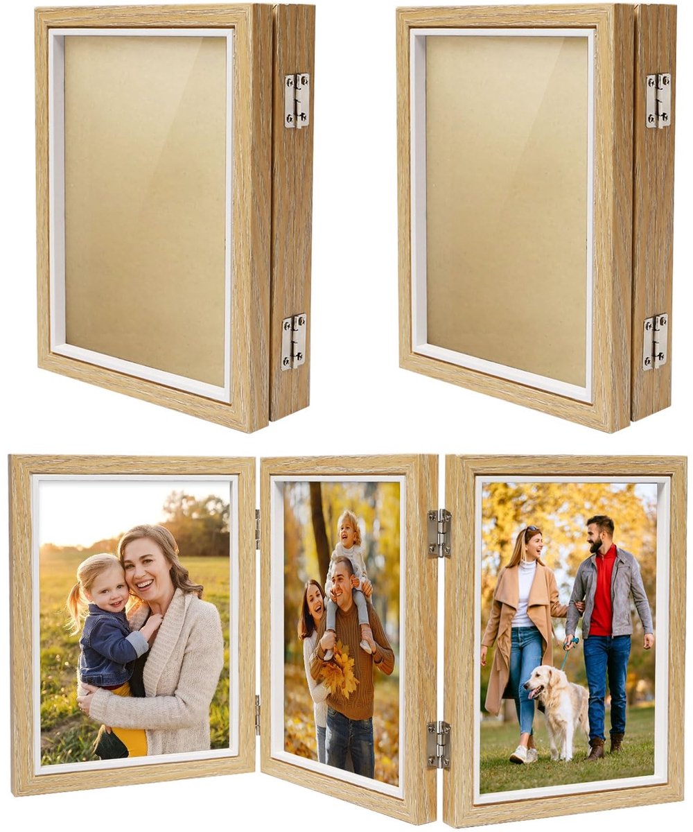 Omgoods - 2 Stuks Houten Fotolijsten Collage voor 3 Foto's - Drievoudig Opklapbaar