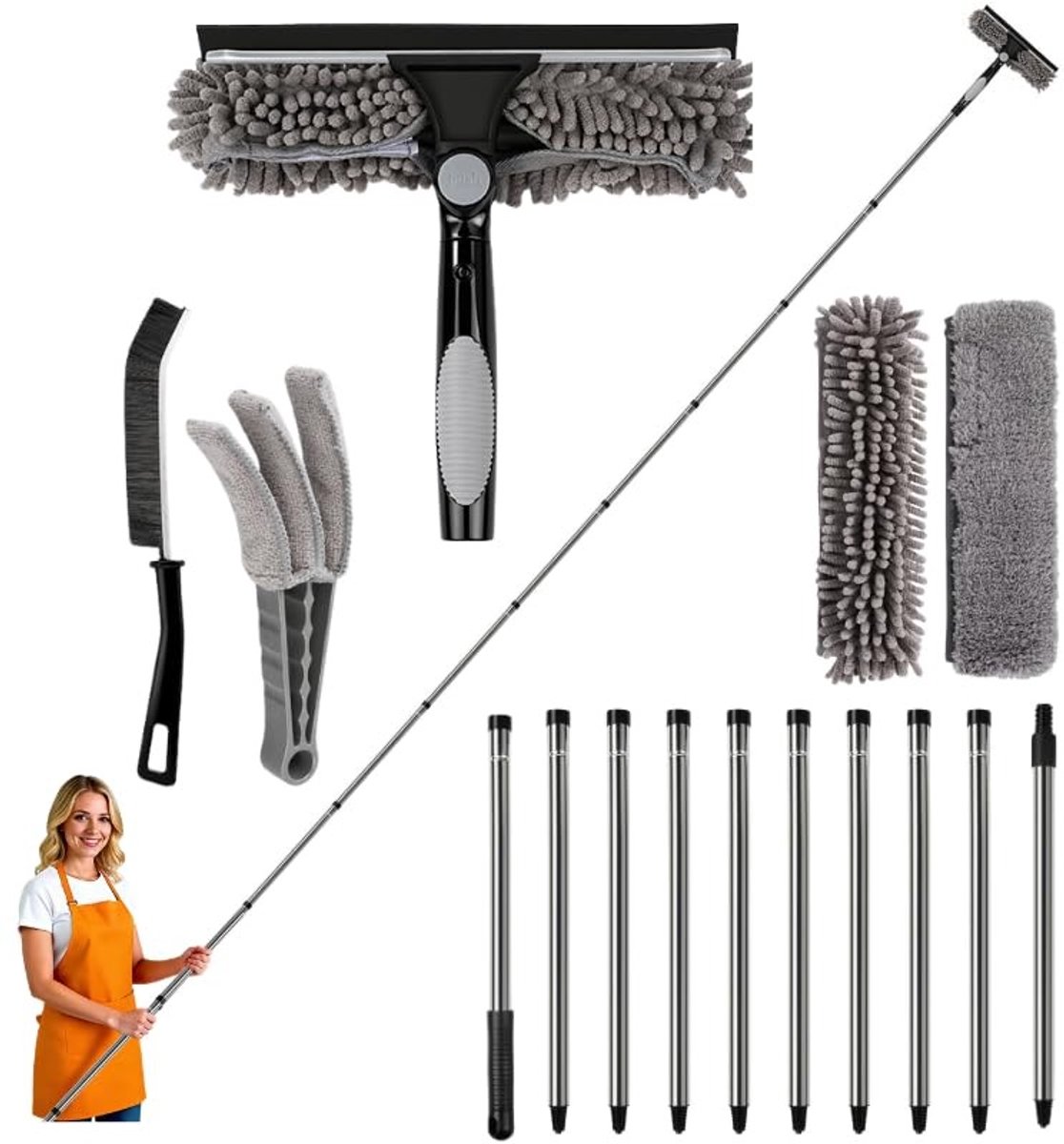 Omgoods - 4-in-1 Raamreiniger met Verlengstang en Draaibare Borstelkop