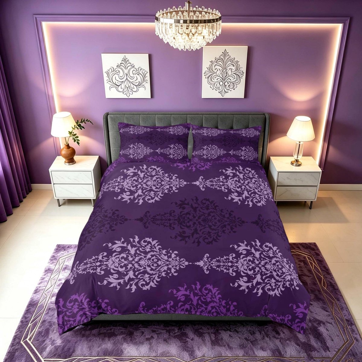 Omgoods - Lila Bloemen Damast Dekbedovertrek Set - King Size voor Kinderen