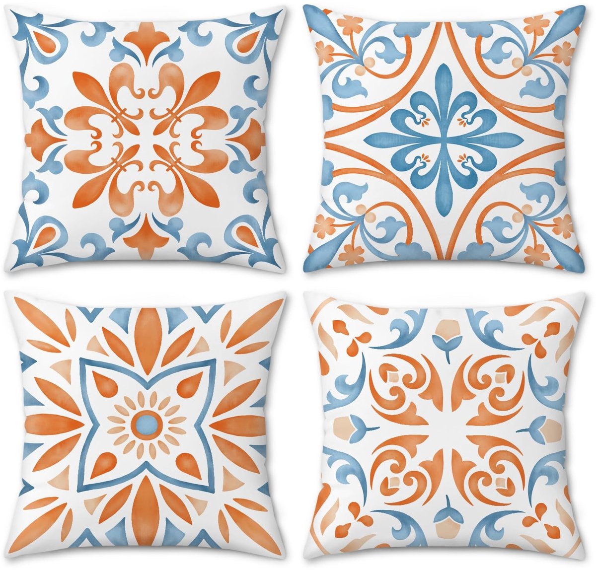 Omgoods - Set van 4 Decoratieve Kussenslopen met Boho Bloemen in Blauw/Oranje