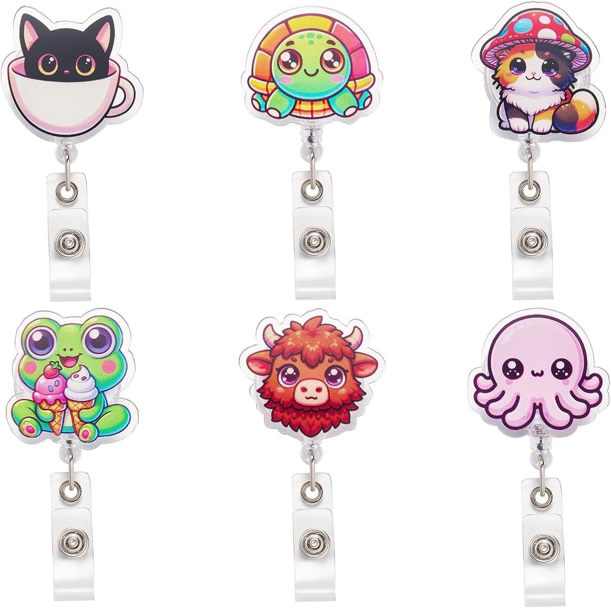 6 Stuks Stomach Badge Roller, Inklapbare Schattige ID Kaarthouder voor Verpleegkundigen, Draaibare Dierenserie voor Kantoor, School en Ziekenhuis