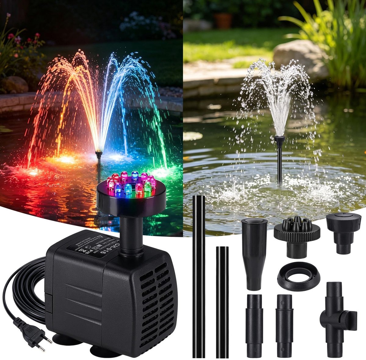 Omgoods - Buiten Fonteinpomp met LED en 3 Nozzles