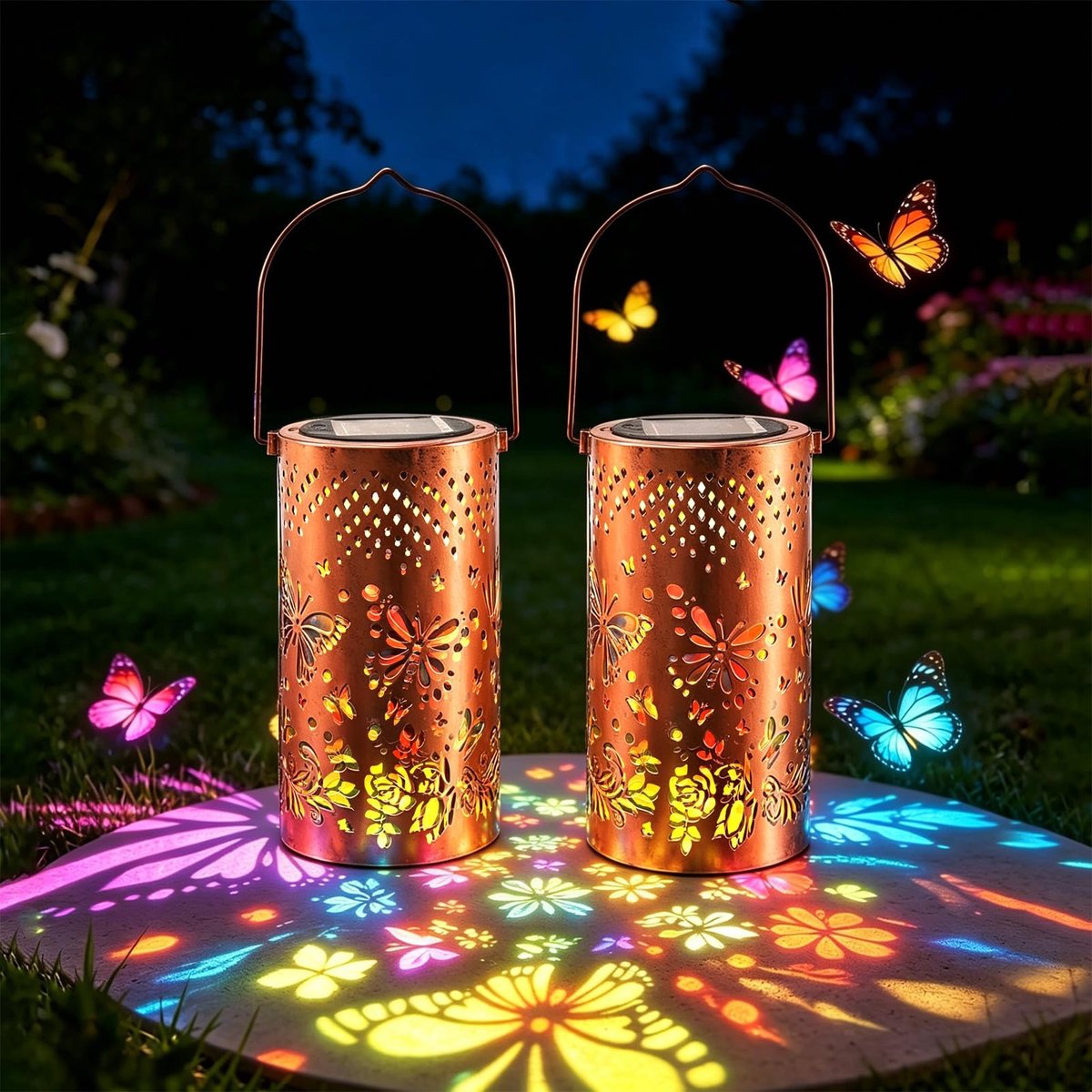 Omgoods - Set van 2 Zonne-energie Lantaarns met Vlinderprojectie