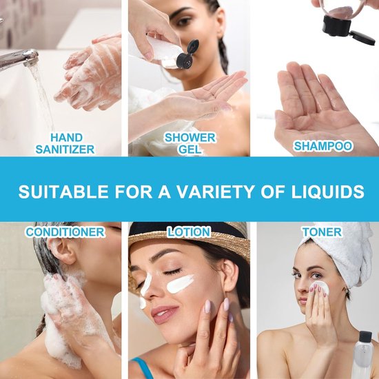Set van 4 navulbare reisflessen 200 ml - Lotion dispenser flesjes voor shampoo, conditioner, lotion - Reisformaat plastic containers met flipdop — afbeelding 3