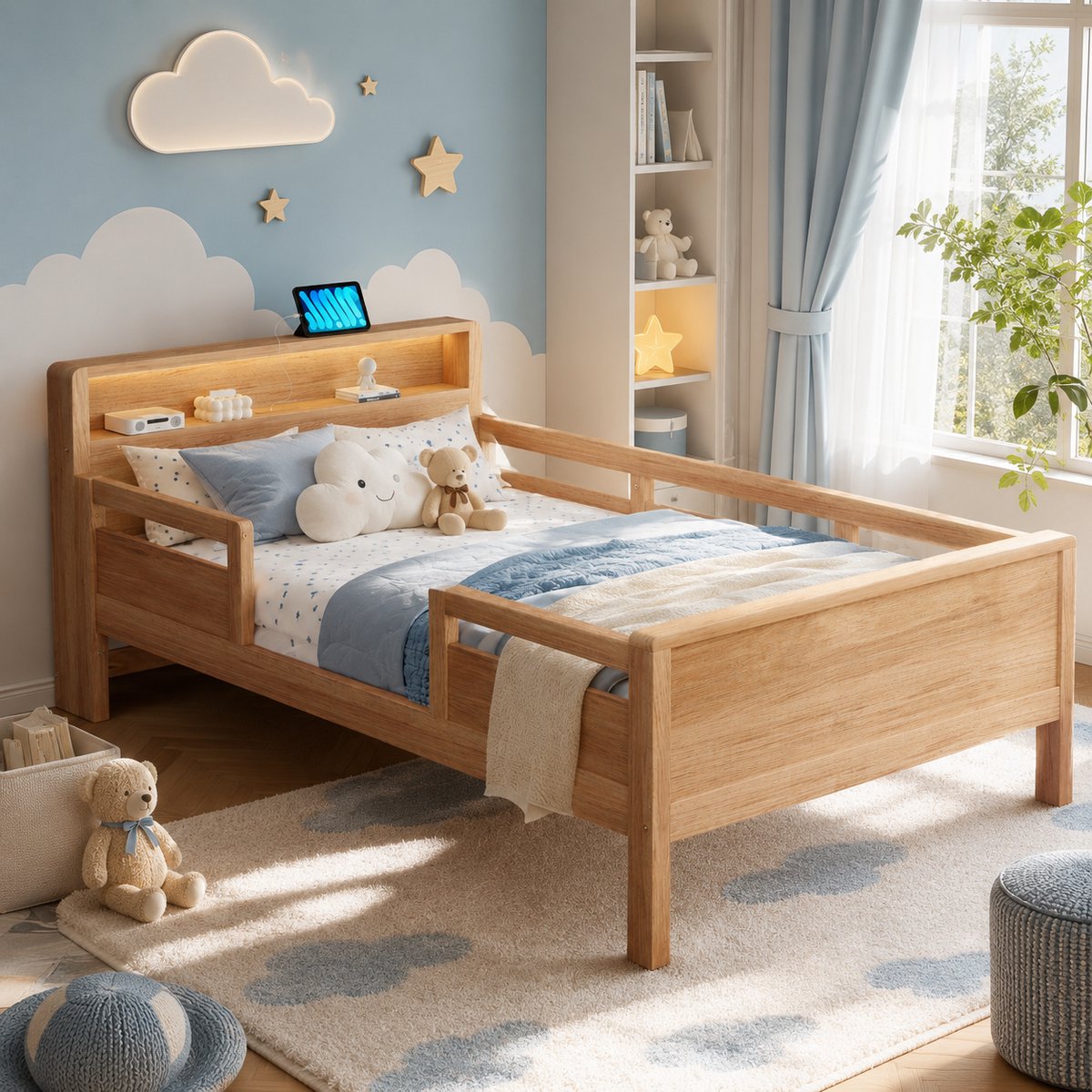 Kinderbed 90x200 cm - Eenpersoonsbed 90x200 cm - Houten bed - Opbergbed - Multifunctioneel bed - Met LED-lichtstrip en Multifunctionele oplaadpoort - Natuurlijke houtkleur