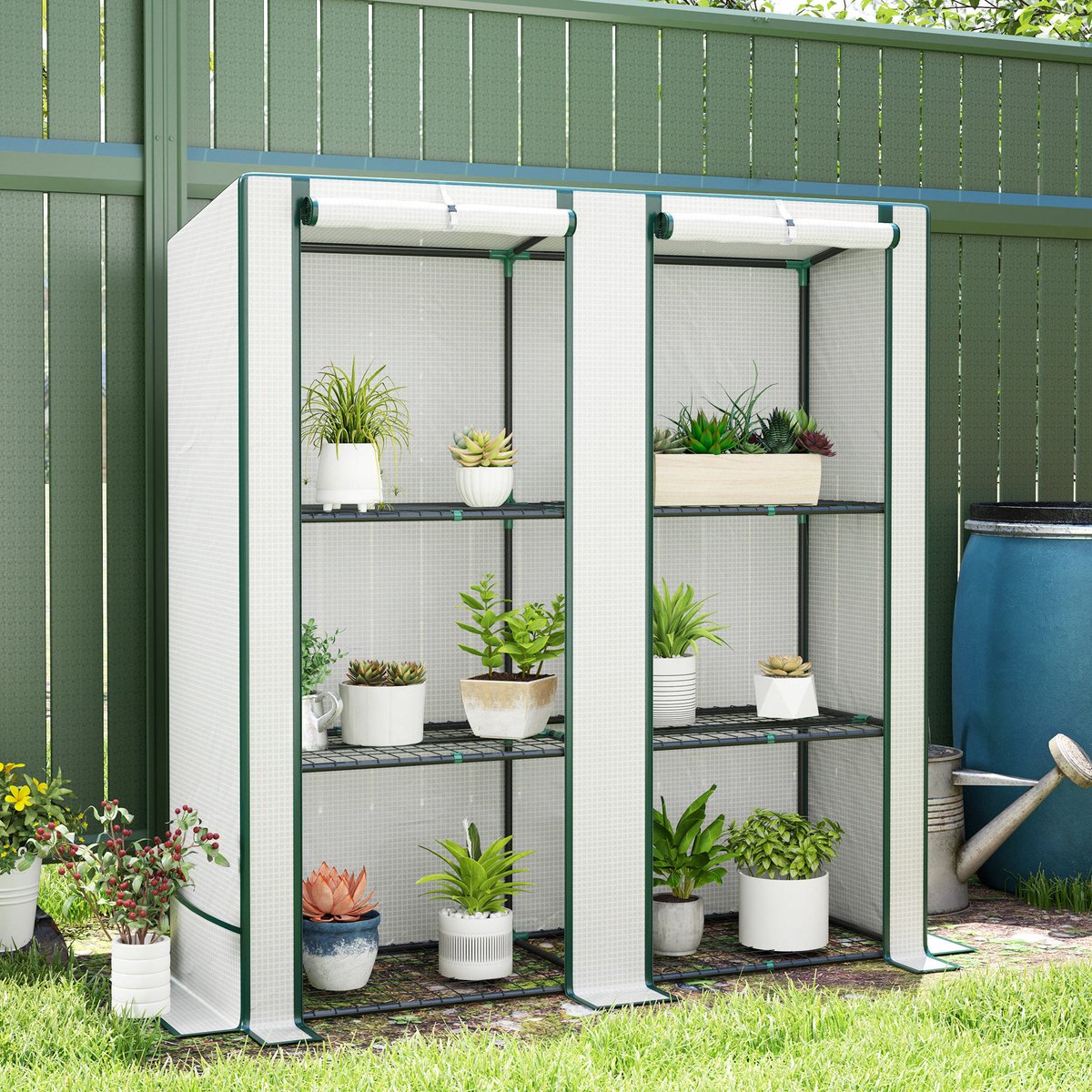 COVREO Foliekas 144x48x152 cm wit, stalen frame met 3 draadregalen