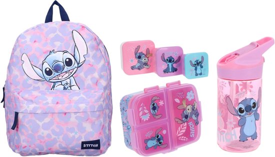 Set met rugzak, lunchbox en drinkbeker met Stitch op een roze luipaardprint.