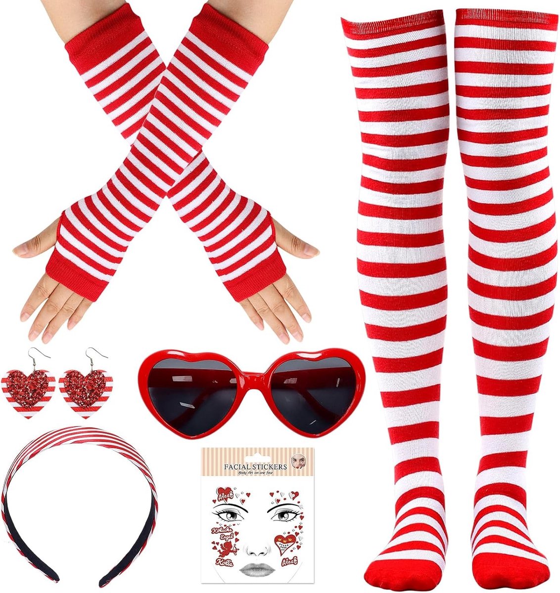 Carnaval Kostuum voor Vrouwen met Haarband, Rode en Witte Handschoenen, Kousen, Hartbril, Oorbellen en Gezichtstatoeages voor een Feestelijke Thema Party