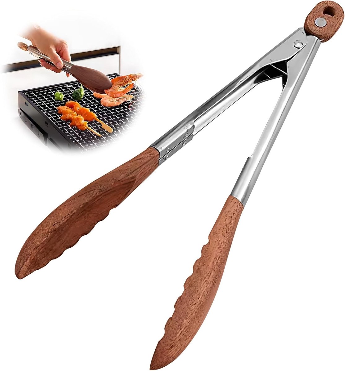 Houten en RVS keukentangen van 30 cm, hittebestendig en antibacterieel, ideaal voor koken, grillen en serveren, gemakkelijk schoon te maken en geschikt voor hoge temperaturen