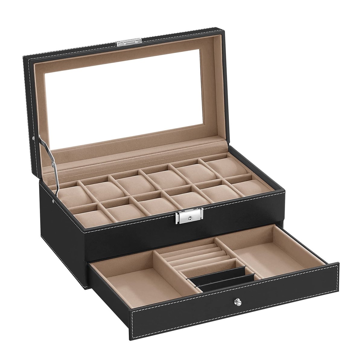 Omgoods - Luxe Horloge Doos met Glazen Deksel en Vergrendeling