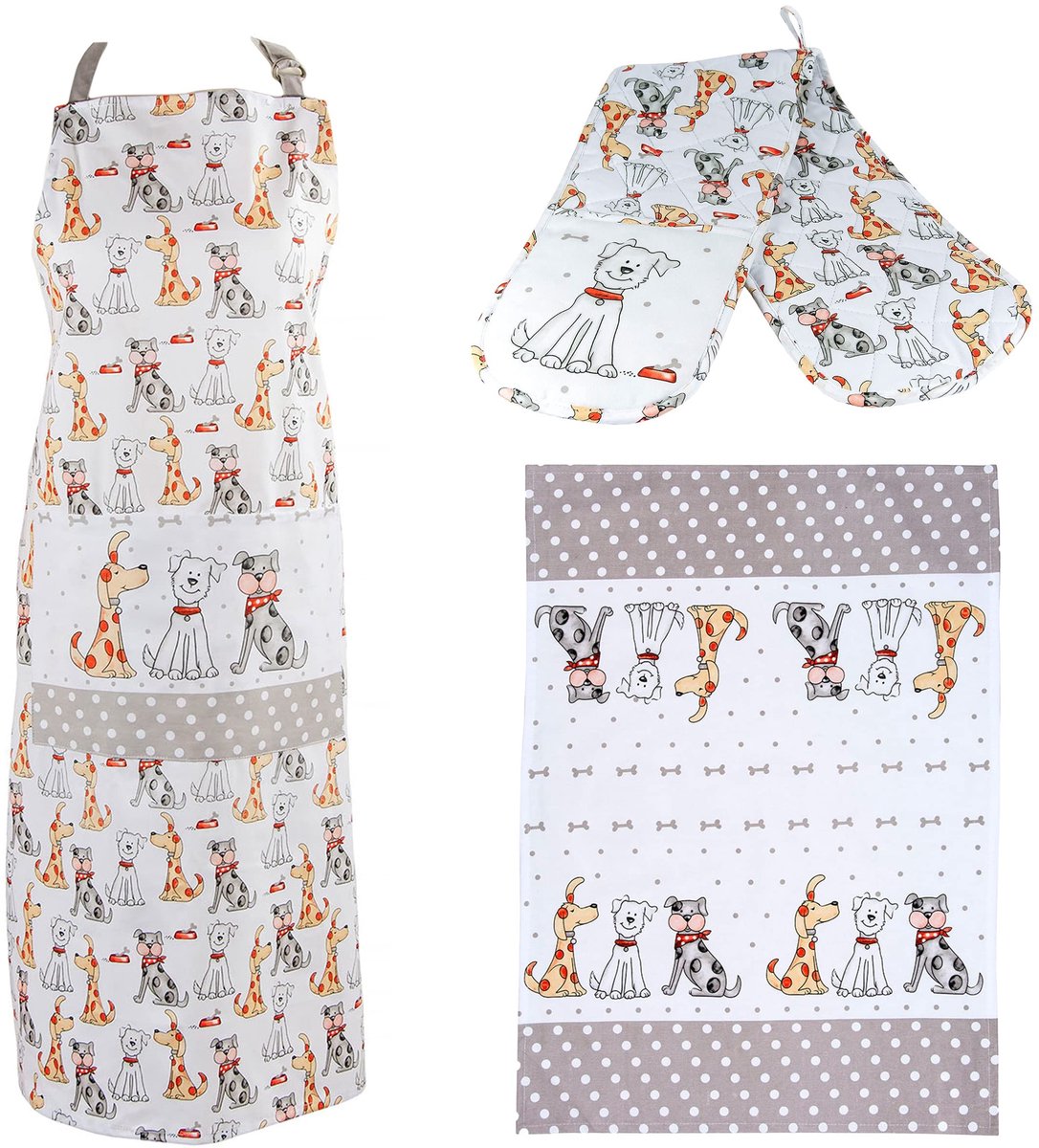 Omgoods - Keukentextiel Cadeauset 3-delig met Schattige Honden Print