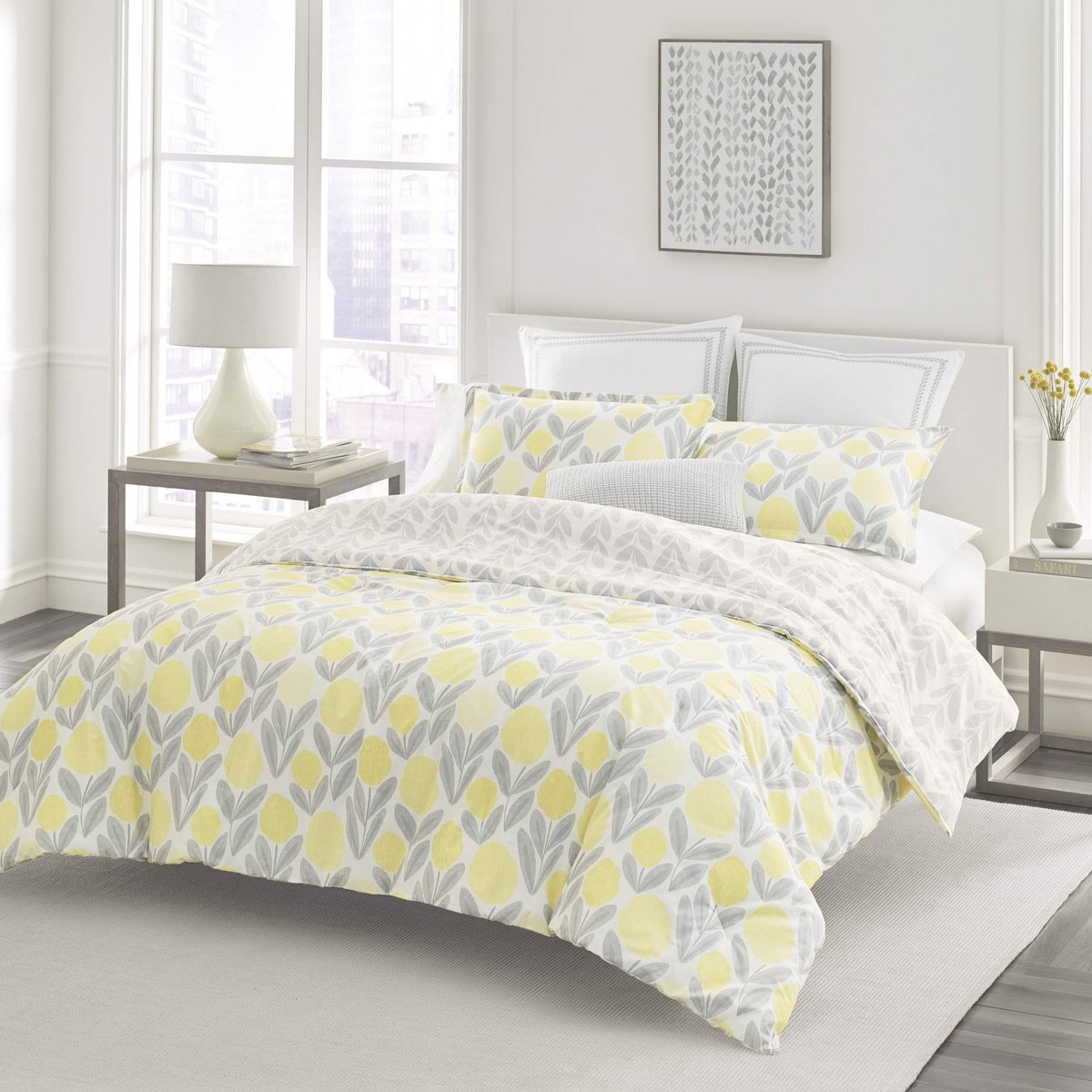 Omgoods - Euro Kussensloop Set Stitched Vine Leaf Grijs 66x66 cm Katoen