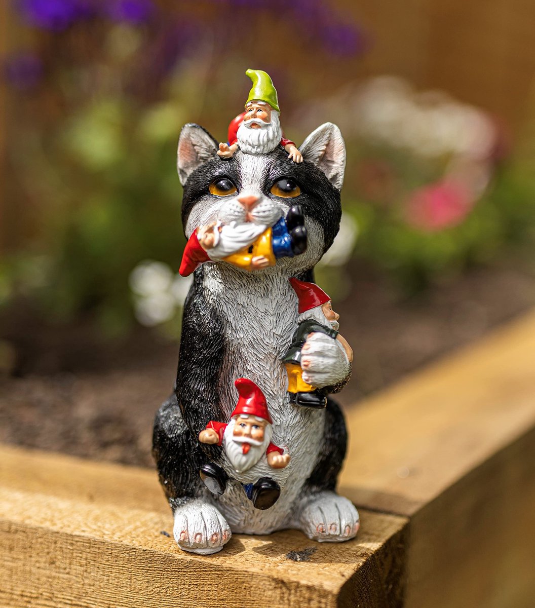 Omgoods - Kleurvolle Tuinbeeld Kat met Gnoom, Weerbestendige Decoratie