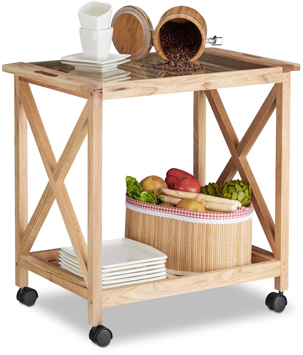 Omgoods - Mobiele Keuken Trolley van Walnoot Hout met 2 Planken