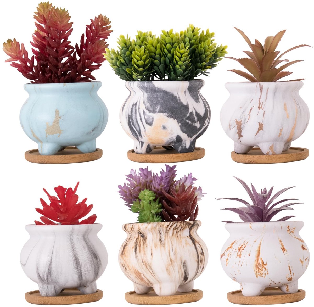 Omgoods - Set van 6 Marmeren Succulent Potten met Drainageschotel