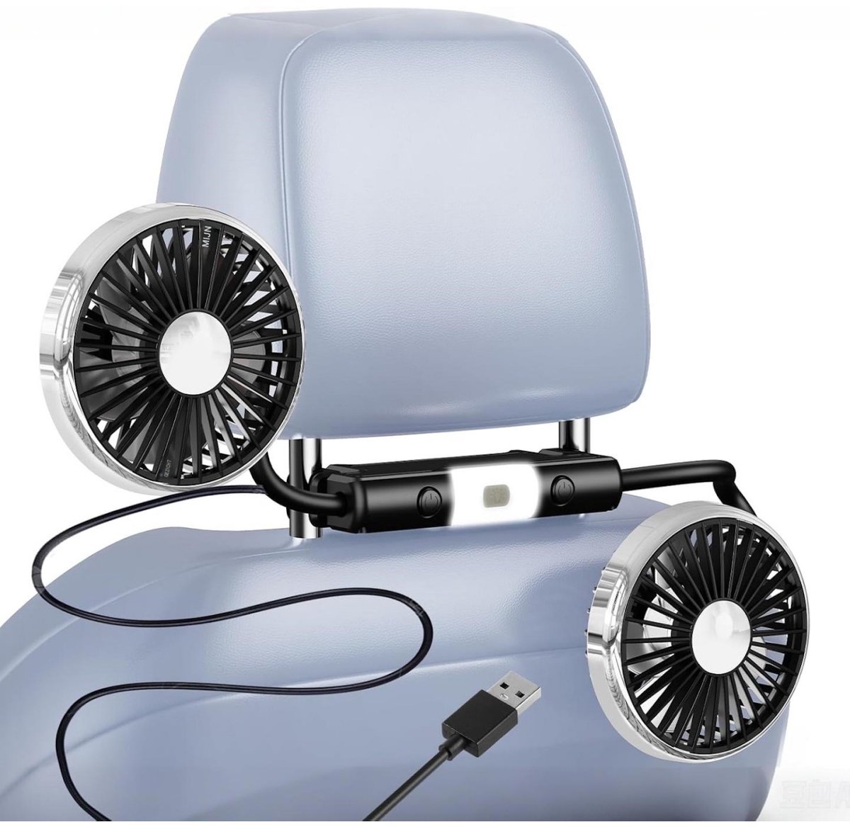 GELLDG USB-autoventilator – Met 360° verstelbare zwanenhals – Stille miniventilator met dubbele kop – Ondersteunt 3 snelheidsstanden en verlichting – Geschikt voor SUV's, sedans, vrachtwagens en campers