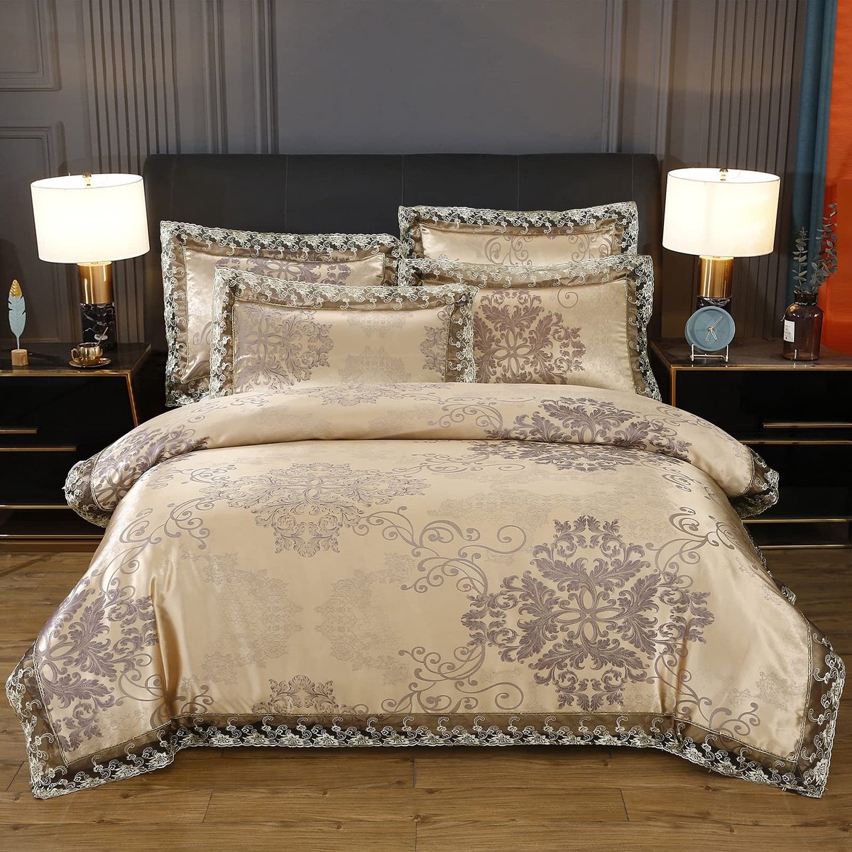 Omgoods - Luxe Lace Jacquard Duvet Cover Set - 3-delige Beddegoedset (Champagne Goud, Tweepersoons)