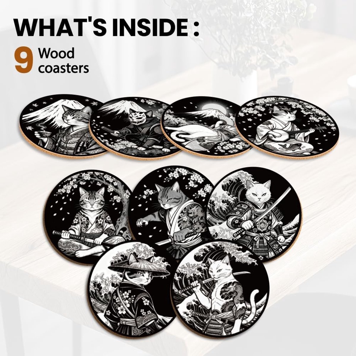 Omgoods - Set van 9 Houten Coasters met Japans Kattenontwerp