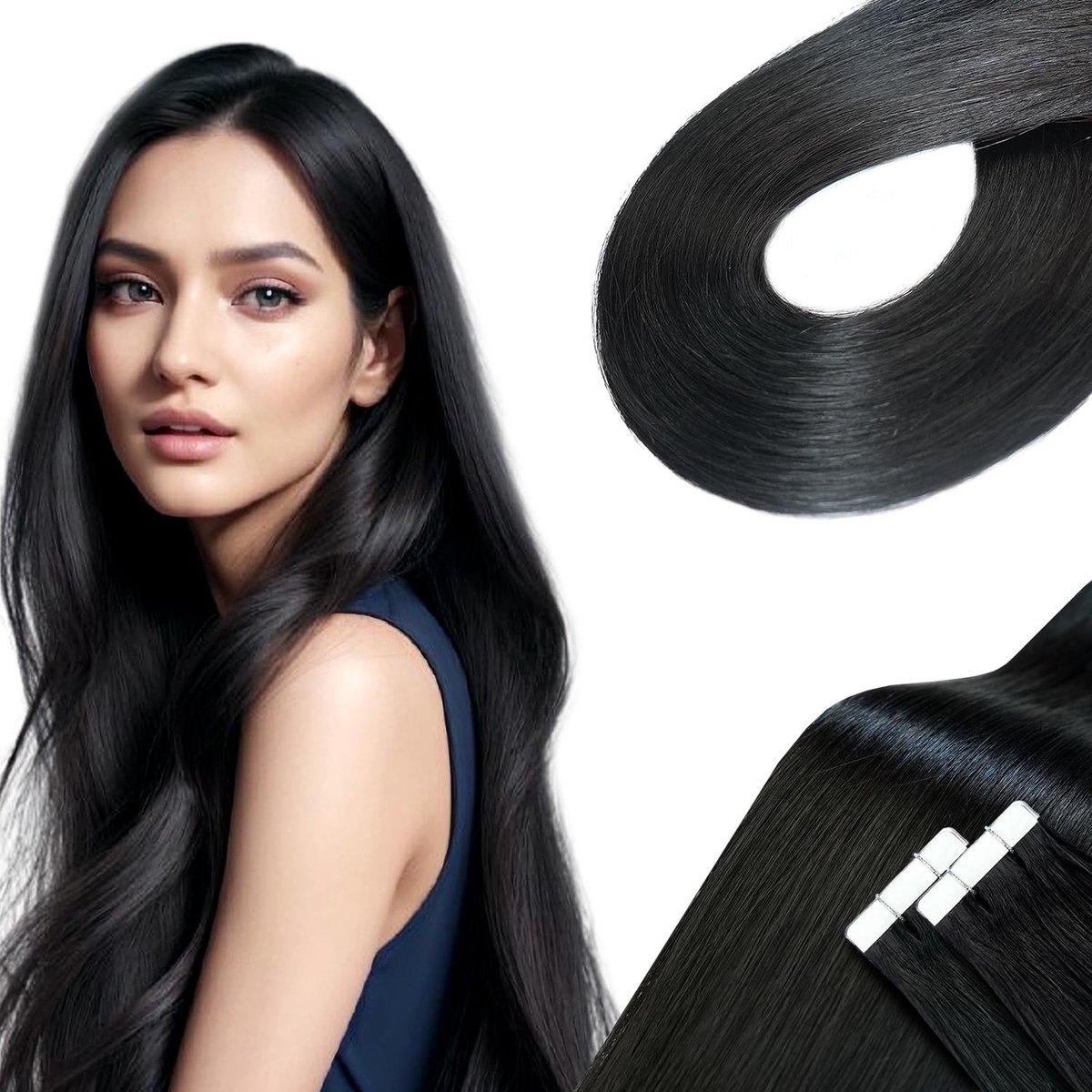Omgoods - Tape-in Haarextensions Off Black, 35 cm, 20 Stuks, Salonkwaliteit