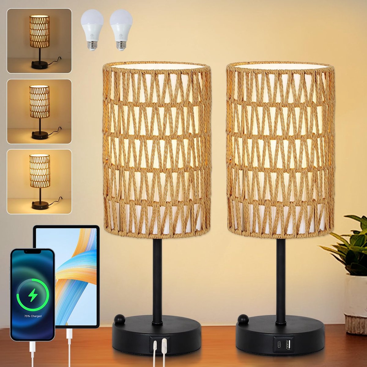 Omgoods - Set van 2 Dimmable Nachtlampen met USB Oplaadfunctie