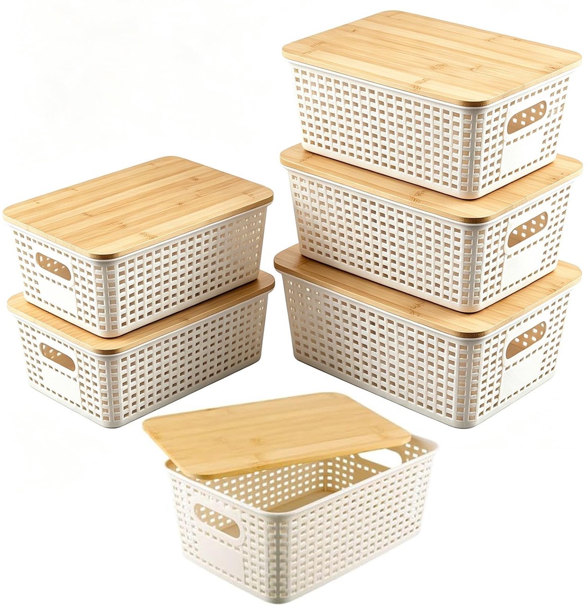 Omgoods - Opbergdozen met Bamboe Deksel - Set van 6, Wit, Stapelbare Plastic Box