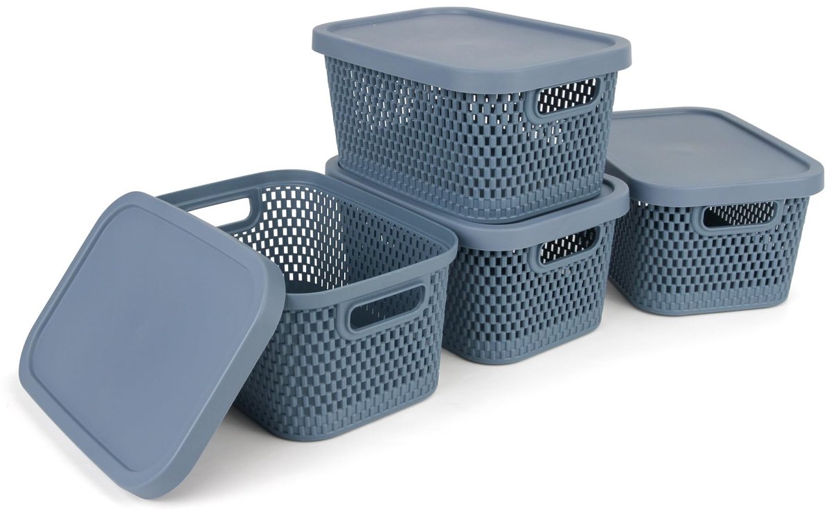 Omgoods - Set van 4 Plastic Opbergdozen met Deksel 3.5L Blauw