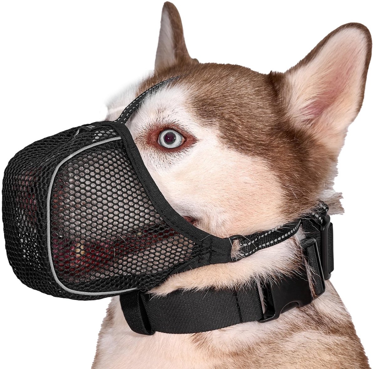 Omgoods - Zachte Ademende Muilkorf voor Honden, Verstelbaar met Reflecterende Draad, Zwart, L