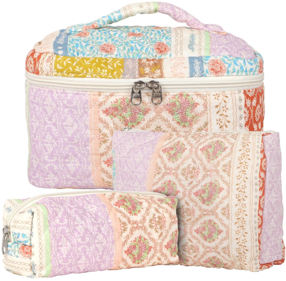 Omgoods - 3 Stuks Dames Make-uptas - Katoenen Reistassen met Bloemenpatroon