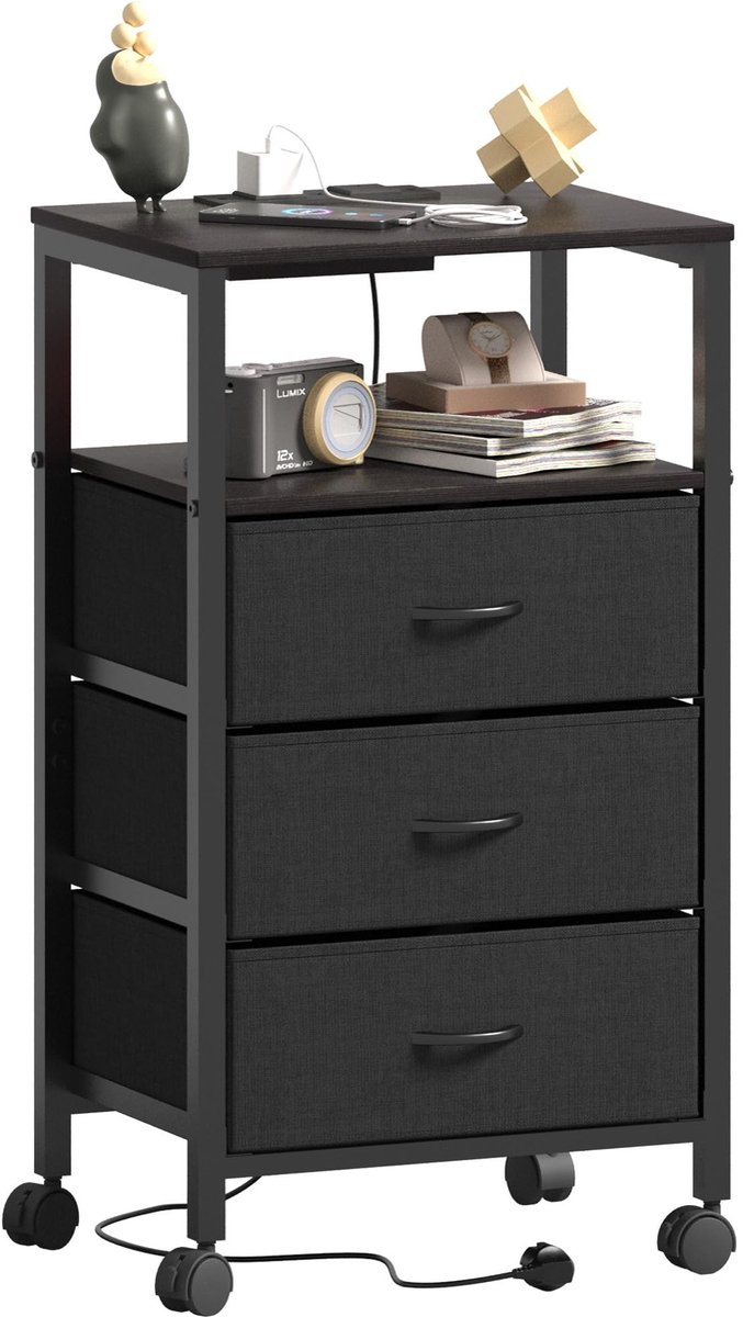Omgoods - Bedside Table met Oplaadstation, Zwarte Tafel met 3 Lades